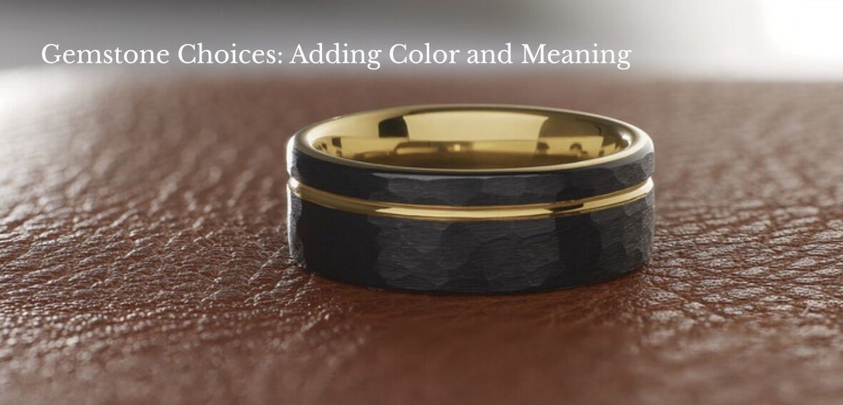 Wedding rings set with diamonds, sapphires, and other gemstones for pairing with an engagement ring