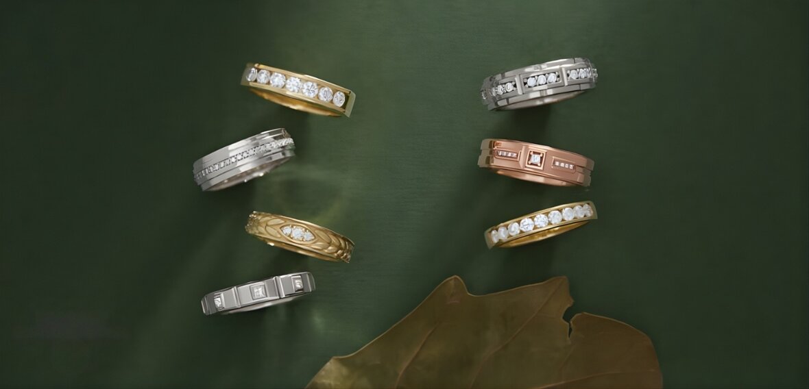 White gold and rose gold wedding bands displaying modern and romantic metal finishes