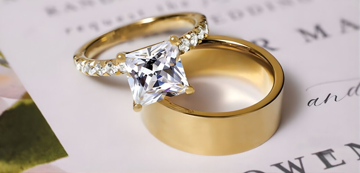 Multiple engagement and wedding ring sets in gold and platinum showing customization options