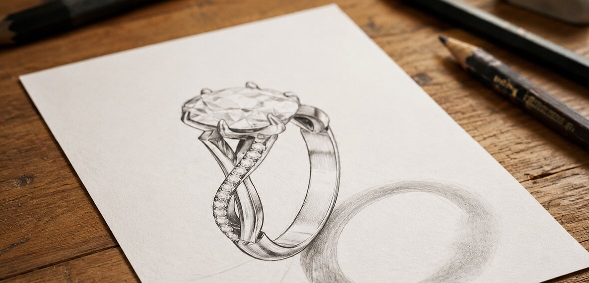Close-up of the crisscross band design on Julia's custom platinum engagement ring by Wedding Bands & Co.
