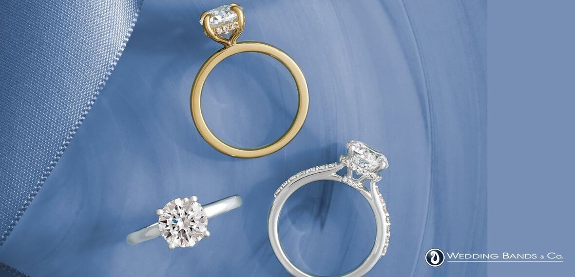 Engagement rings in yellow gold, white gold, rose gold, and platinum showing metal options