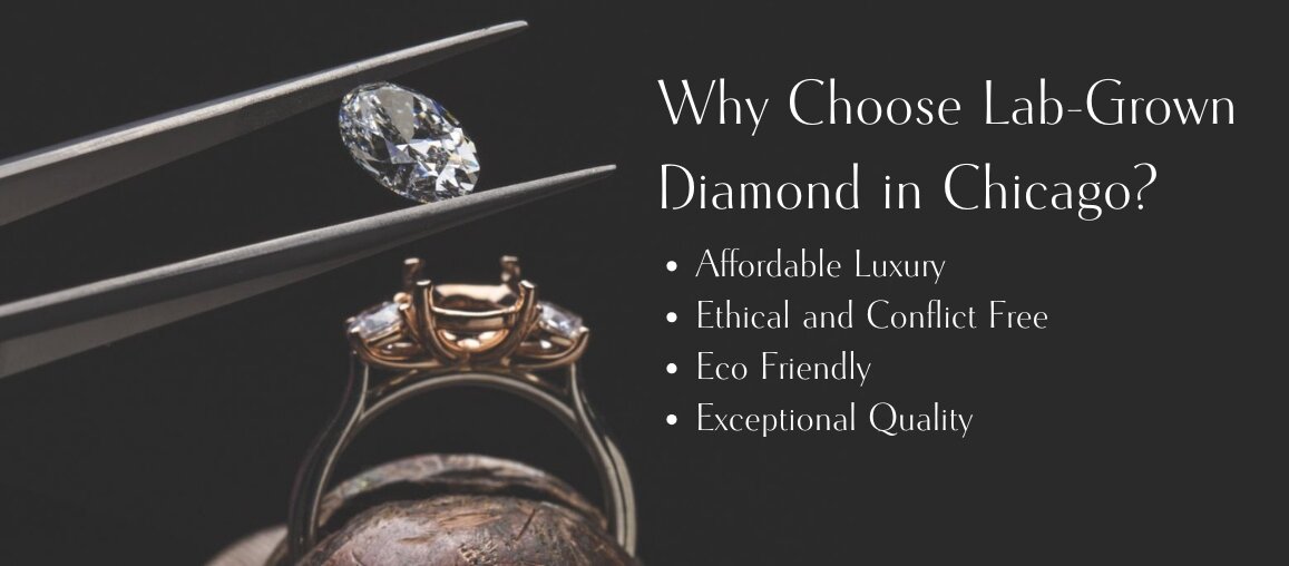 Loose oval lab-grown diamond held with tweezers above engagement ring setting highlighting ethical, affordable diamond choice in Chicago