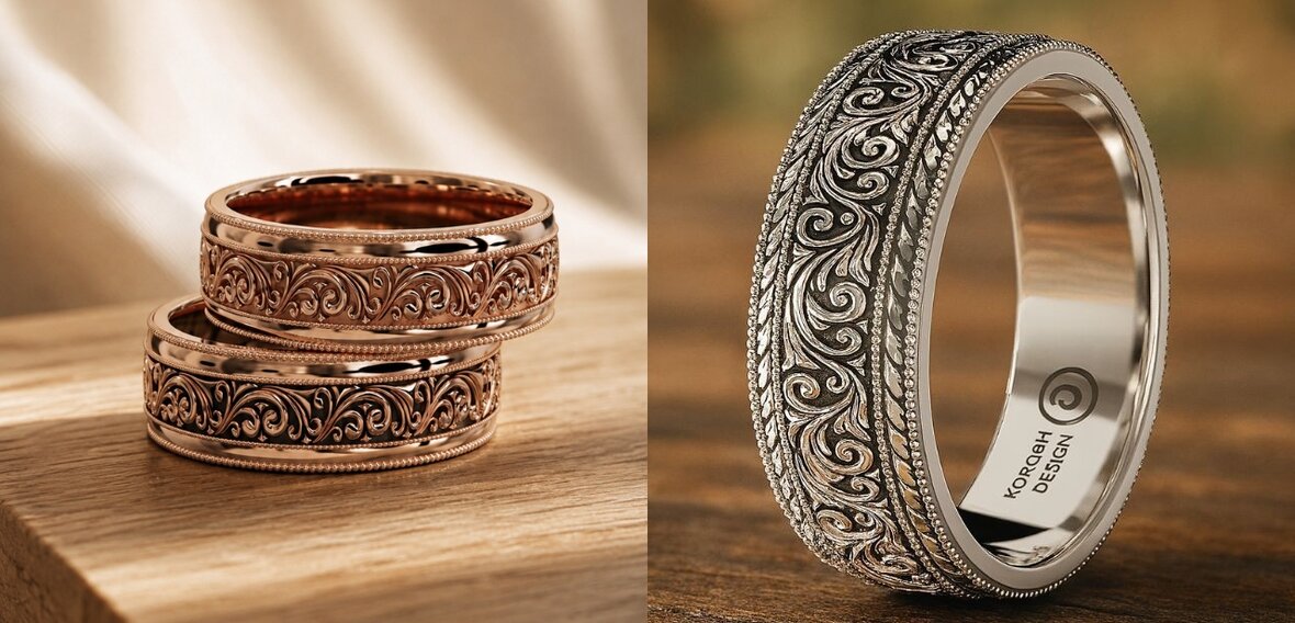 Stacked rose gold scrollwork rings beside a white gold band with oxidized engraving detail, illustrating metal and finish customization
