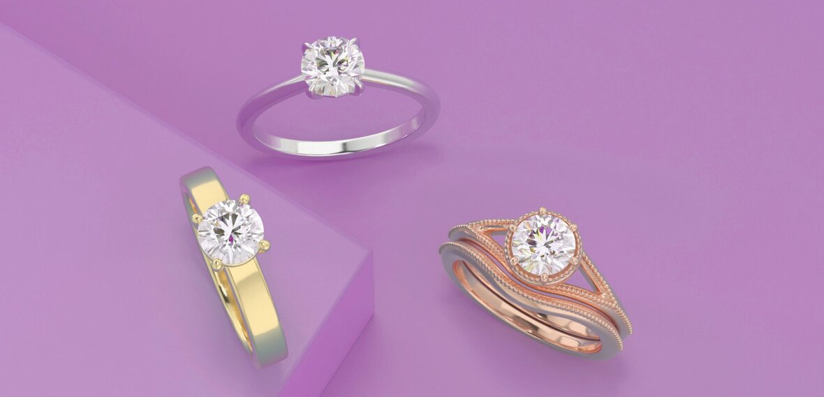 Elegant gold engagement ring with diamond pavé band stacked with matching wedding bands by Wedding Bands & Co., Chicago custom jeweler