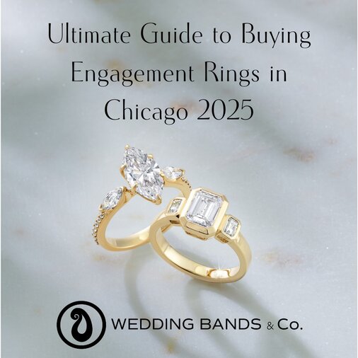 Ultimate guide to buying engagement rings in Chicago 2025 featuring yellow gold engagement rings with oval and emerald cut diamonds by Wedding Bands & Co.