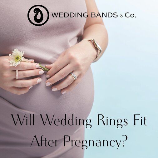 Pregnant woman wearing stacked diamond wedding and engagement rings while holding a flower, illustrating how pregnancy can affect ring fit