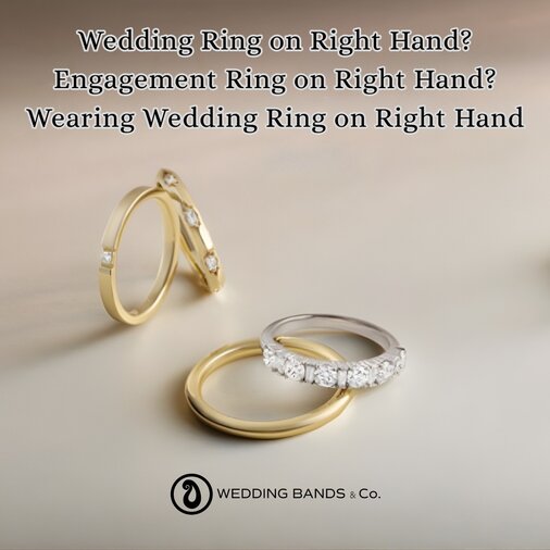 Stack of gold wedding bands with diamond accents showing options for wearing on right or left hand