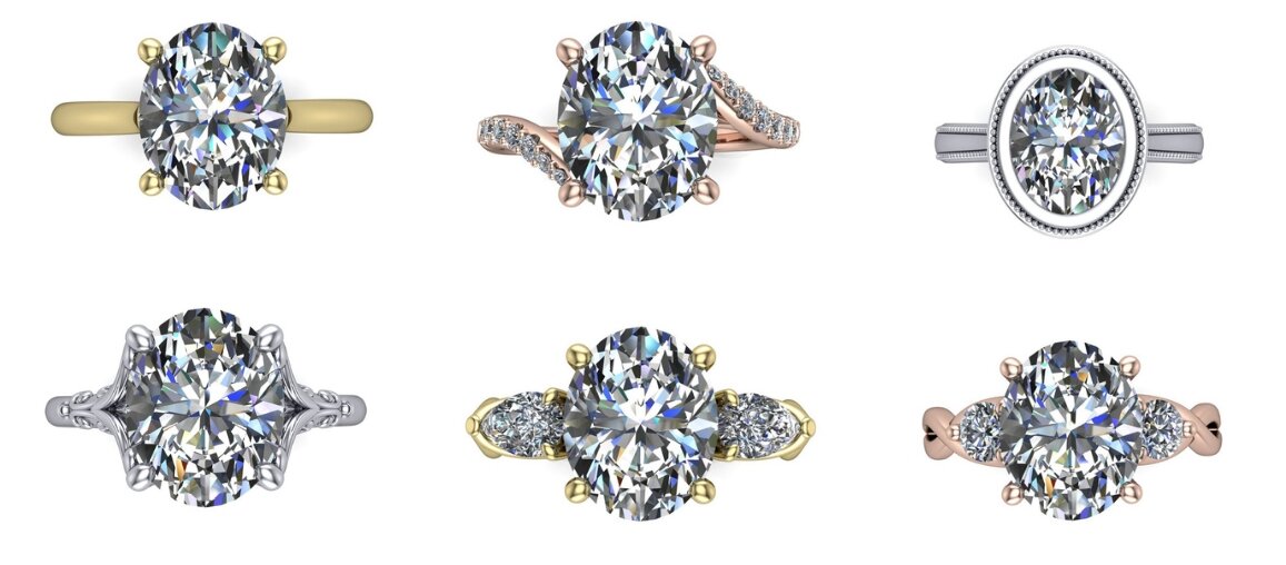 Oval cut diamond engagement rings in yellow gold, rose gold, and platinum settings by Wedding Bands & Co., Chicago jewelry store