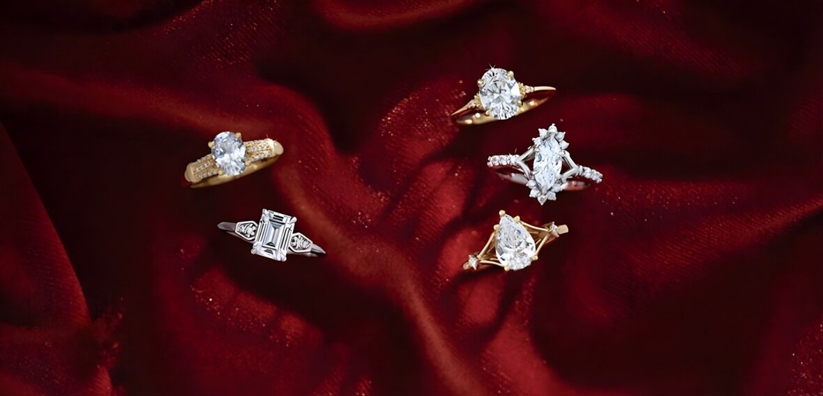 Diamond wedding bands in white and yellow gold displayed on vintage lace fabric for in-person try-on