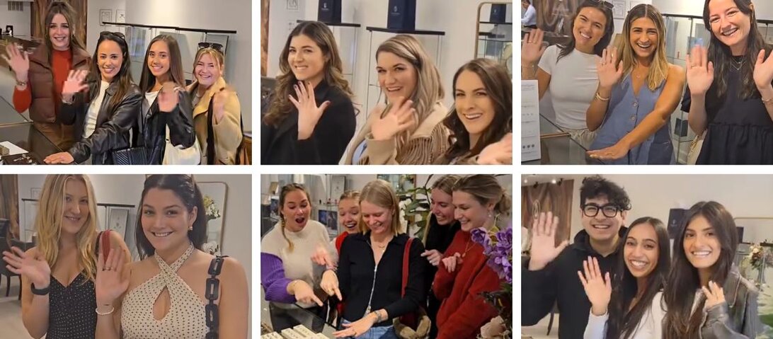 Smiling customers showing engagement rings and celebrating at Wedding Bands & Co. jewelry store in Chicago