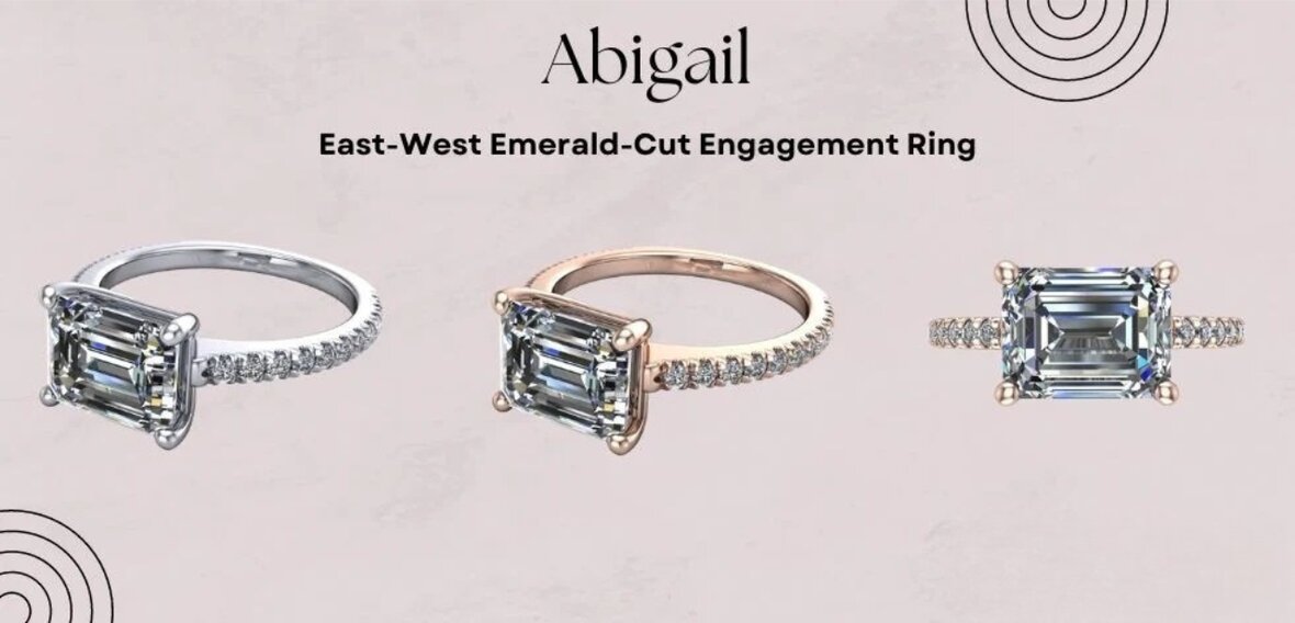 Abigail east-west emerald-cut diamond engagement ring with pave band
