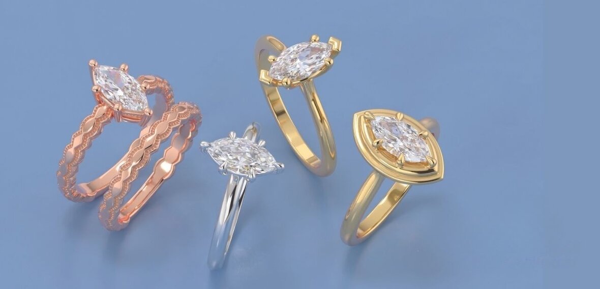 Modern engagement rings in yellow gold, white gold, and platinum with step-cut diamonds
