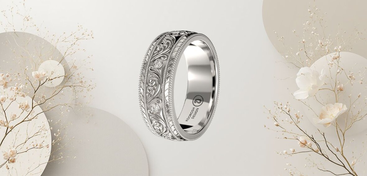 Elegant gold engagement ring with diamond pavé band stacked with matching wedding bands by Wedding Bands & Co., Chicago custom jeweler