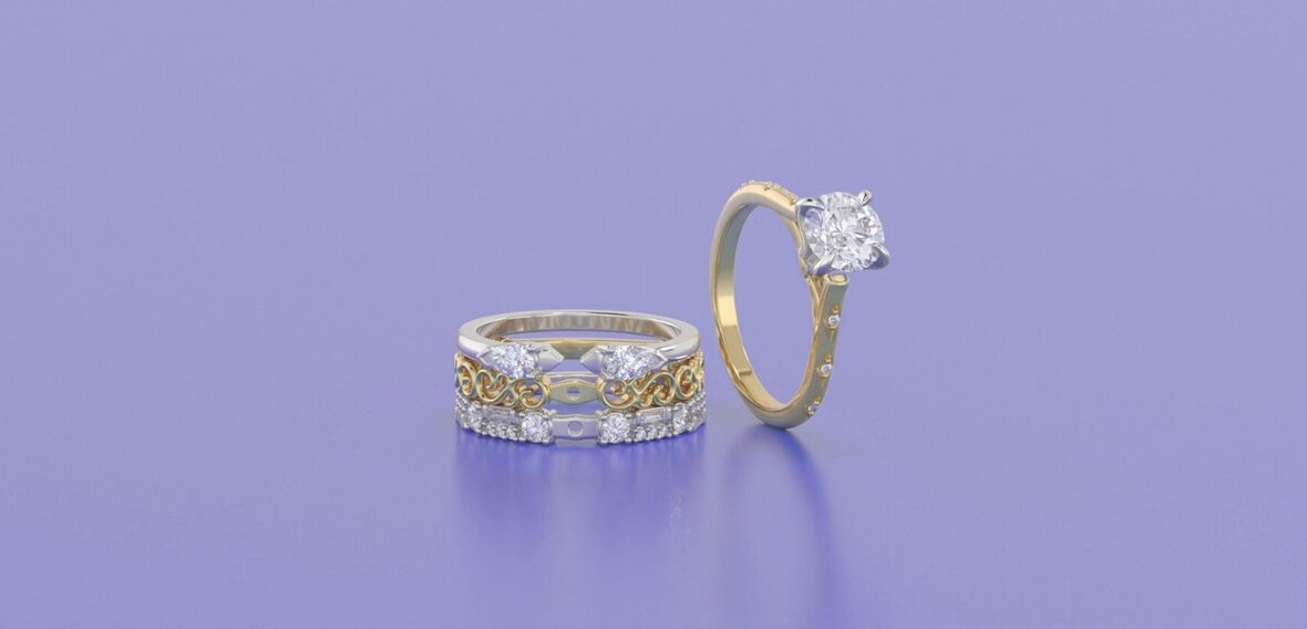 Collection of modern wedding bands in yellow gold, white gold, and platinum with textured designs by Wedding Bands & Co. in Chicago