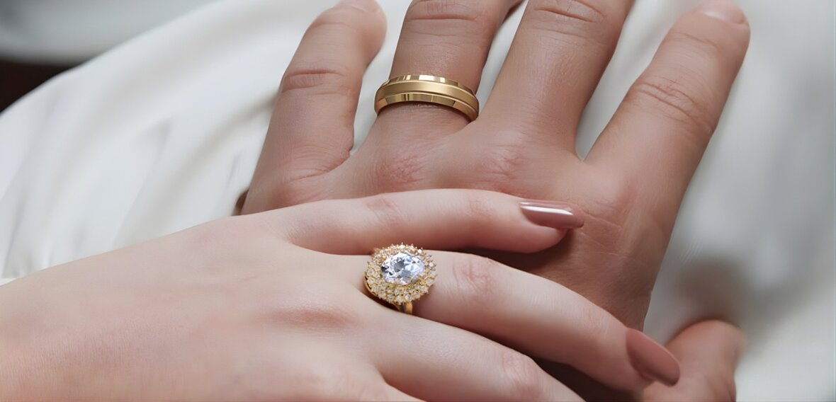 Gold engagement ring with diamond pavé band stacked with matching wedding bands for brides and grooms