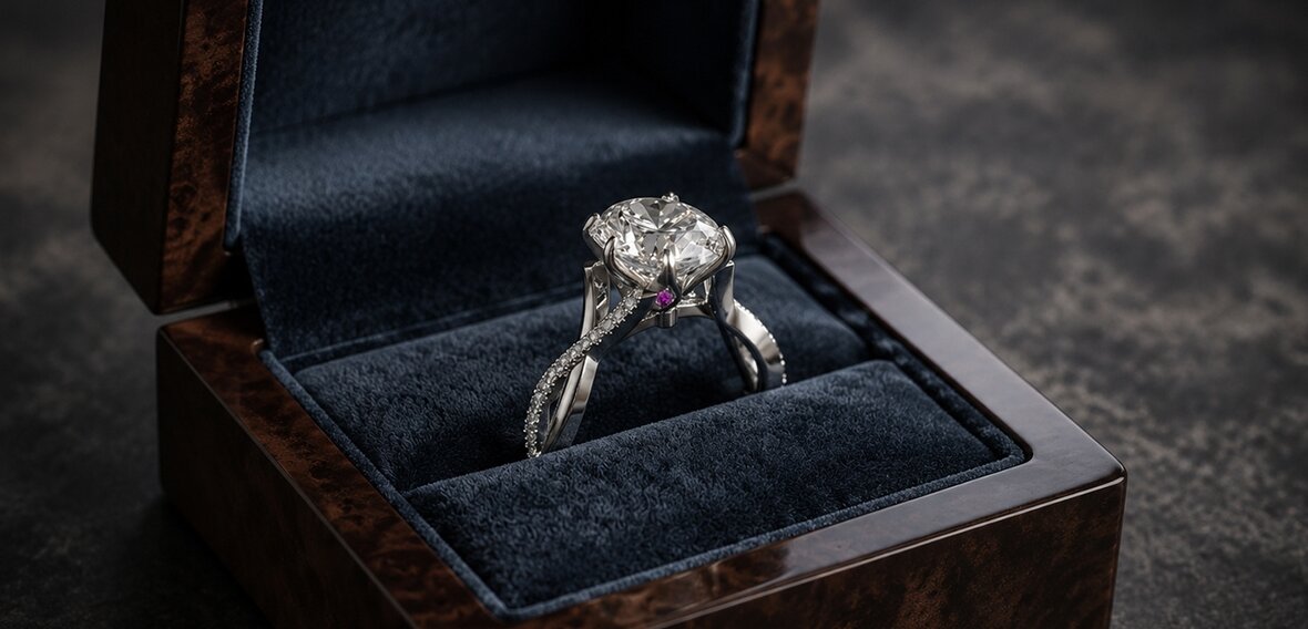 Julia's completed custom engagement ring ready for pickup ahead of Bradley's proposal