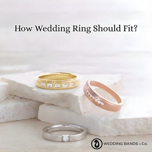 Stack of gold wedding bands in various widths showing proper fit and sizing options