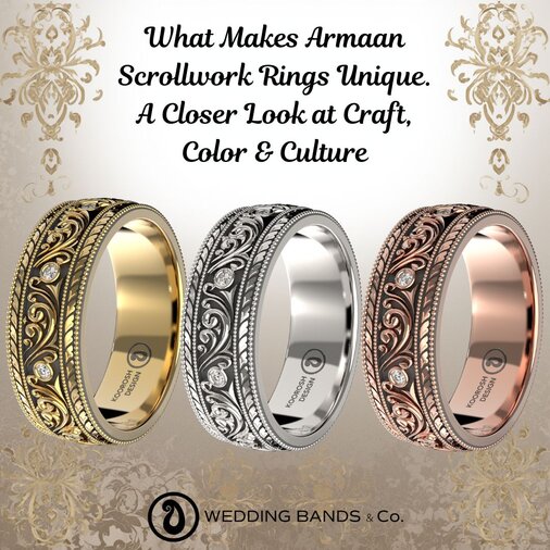 Stack of gold wedding bands with diamond details displayed for choosing the right wedding ring by Wedding Bands & Co.