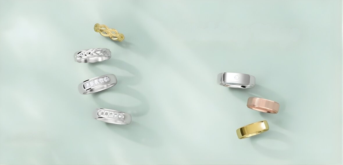 White and yellow gold diamond wedding bands showing gemstone pricing options for custom designs