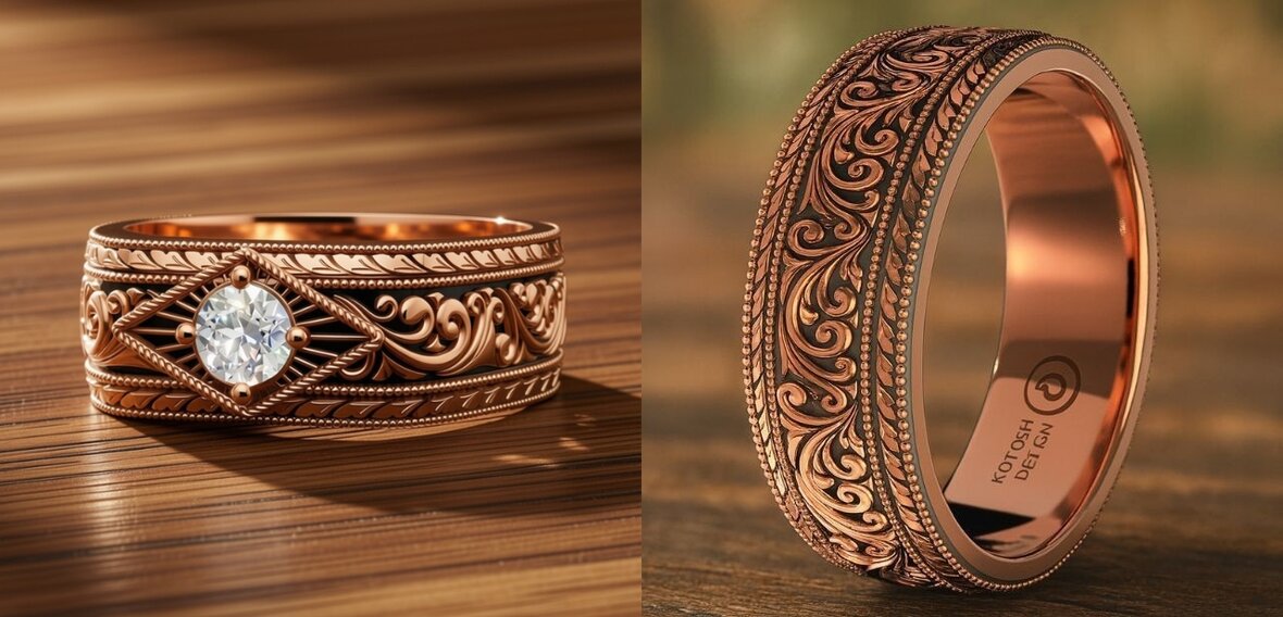 Rose gold Armaan ring with hand-engraved scrollwork and a diamond set in a sunburst bezel, next to a close-up of the scrollwork band detail