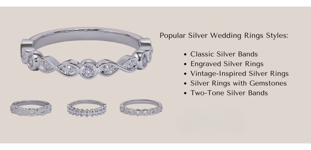 Classic, engraved, and diamond-accented silver wedding ring styles