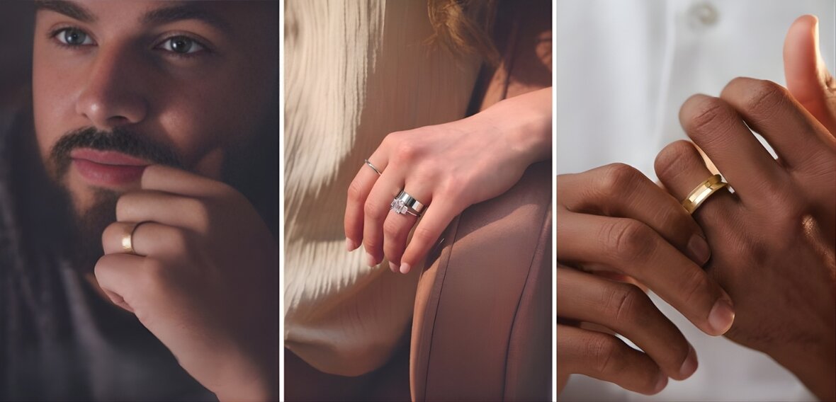 Couple's hands showing wedding rings on ring finger symbolizing modern marriage traditions