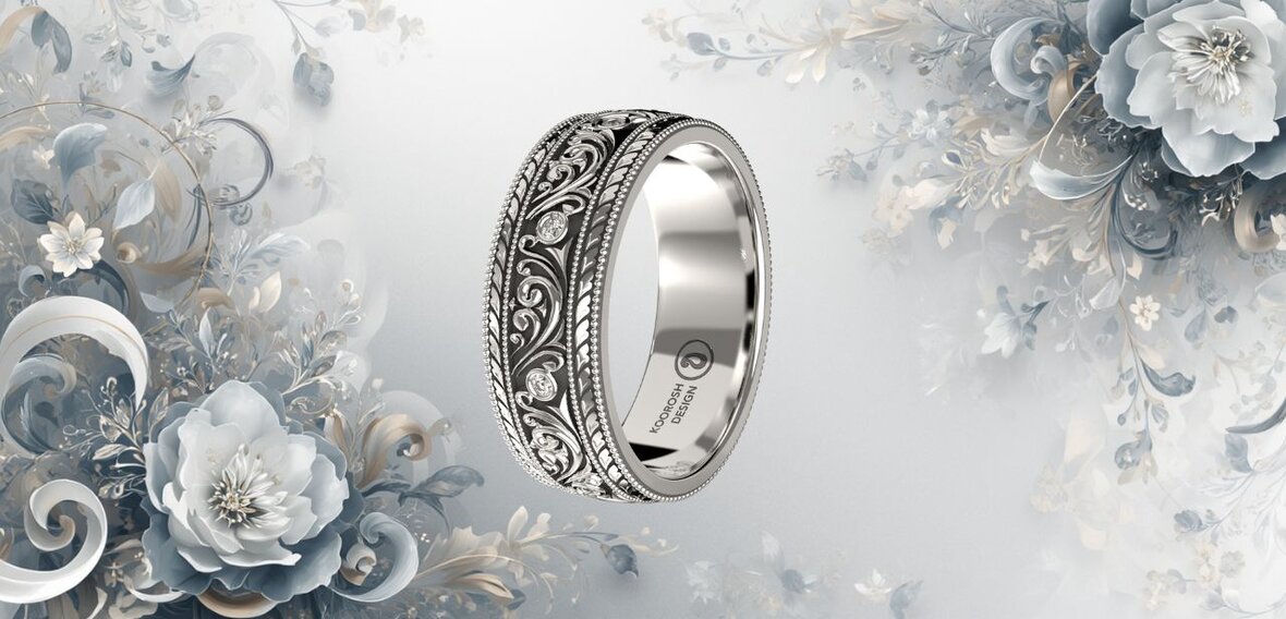 White and yellow gold diamond wedding bands styled on lace fabric, showcasing elegant bridal ring designs by Wedding Bands & Co. in Chicago