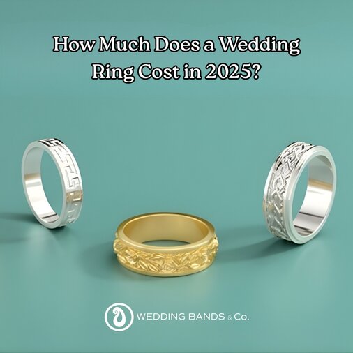 Stack of gold wedding bands in various price ranges showing different styles and metal options