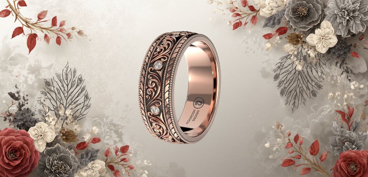 Collection of modern wedding bands in yellow gold, white gold, and platinum with textured designs by Wedding Bands & Co. in Chicago