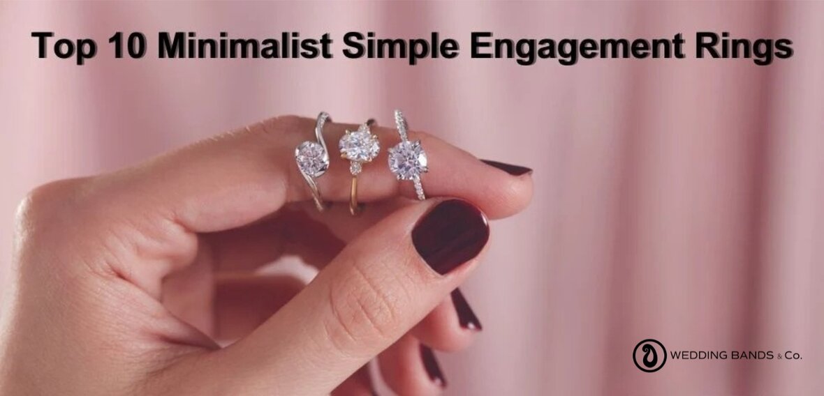 Hand holding three minimalist diamond engagement rings in white and yellow gold against a soft pink background
