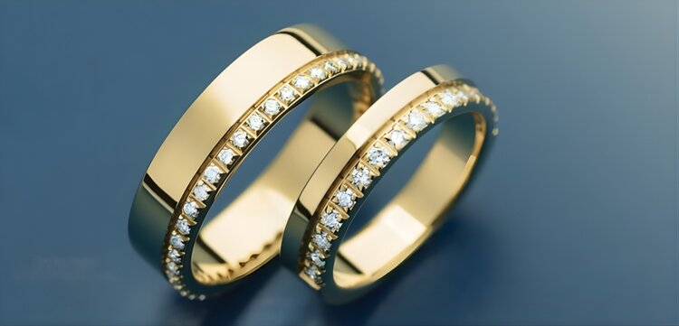 Diamond engagement ring with halo setting next to matching wedding band demonstrating coordinated bridal set