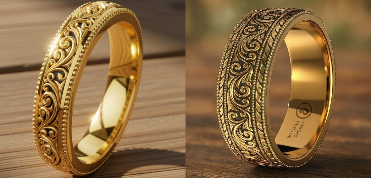 Yellow gold scrollwork wedding bands shown in polished and antiqued finishes side by side