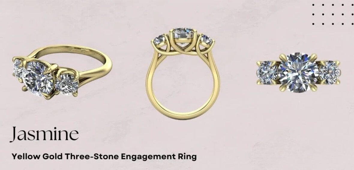 Jasmine yellow gold three-stone engagement ring with round center diamond