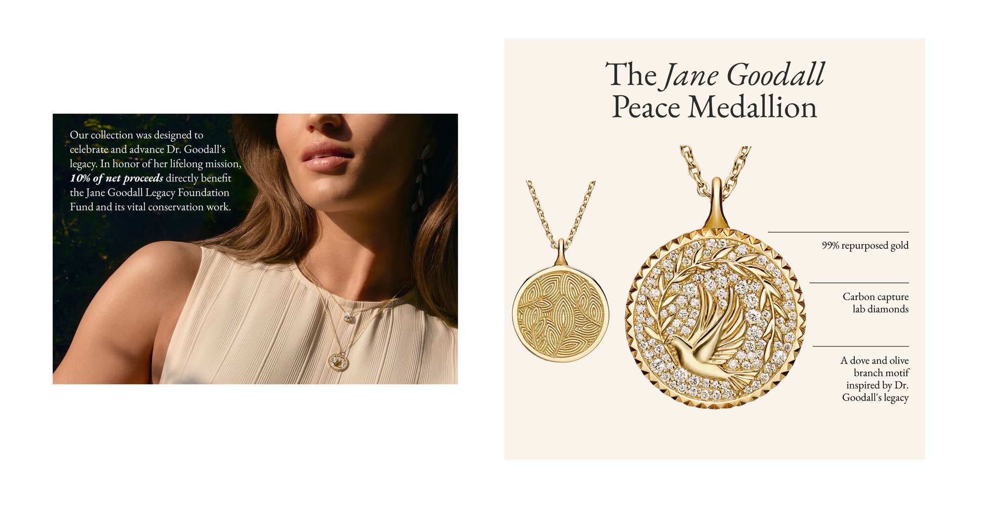 Model wearing the Jane Goodall Peace Medallion
