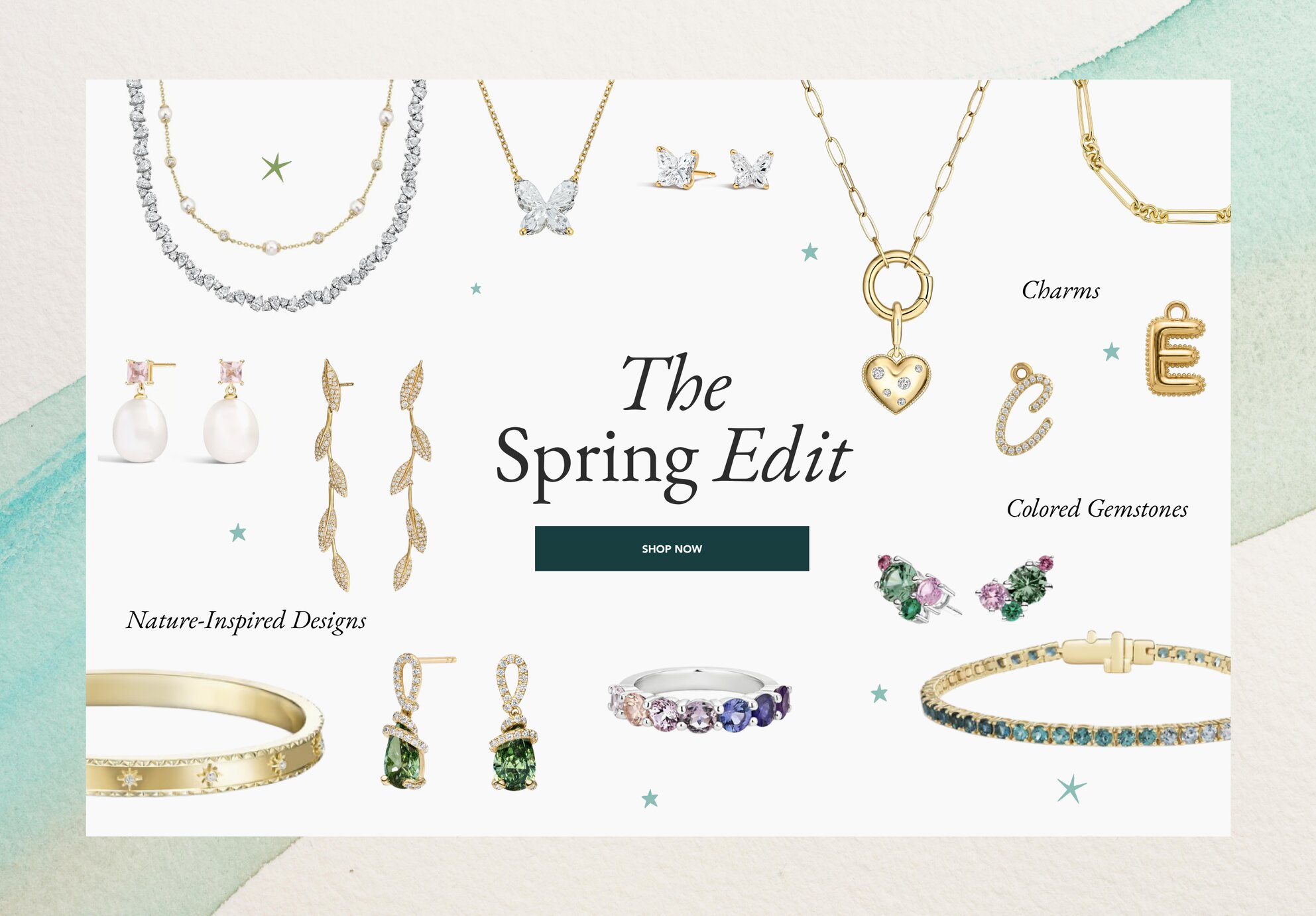 Assortment of trending fine jewelry pieces for Spring.