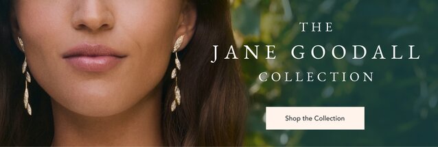 Model wearing diamond drop earrings from the Jane Goodall collection.