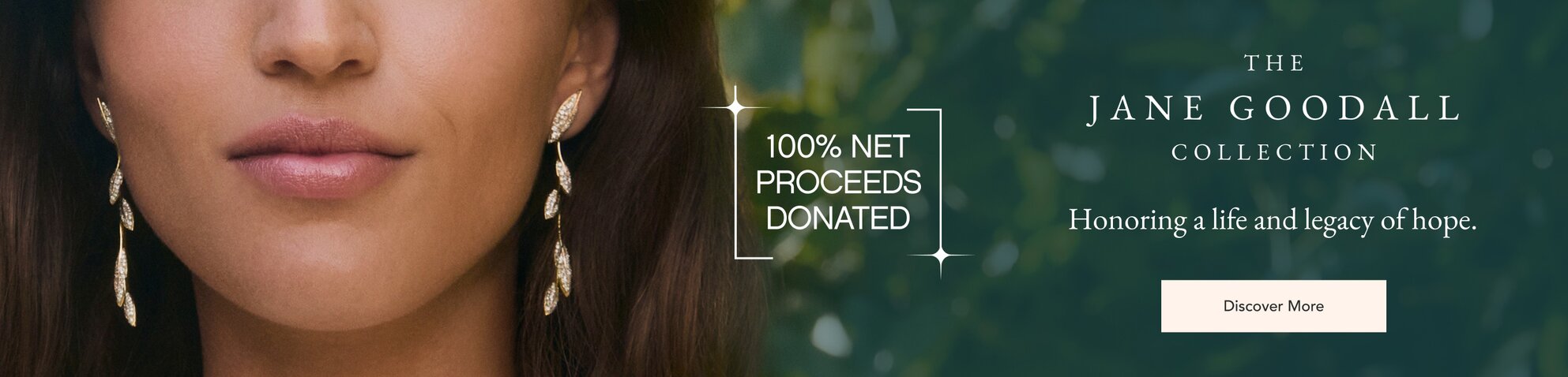 Model wearing diamond drop earrings from the Jane Goodall collection.