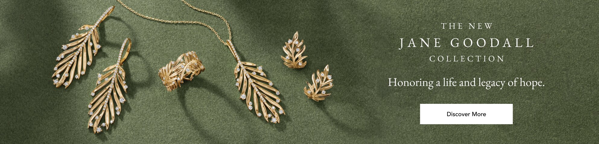 Gold leaf earrings, necklace, and ring from the Jane Goodall collection.