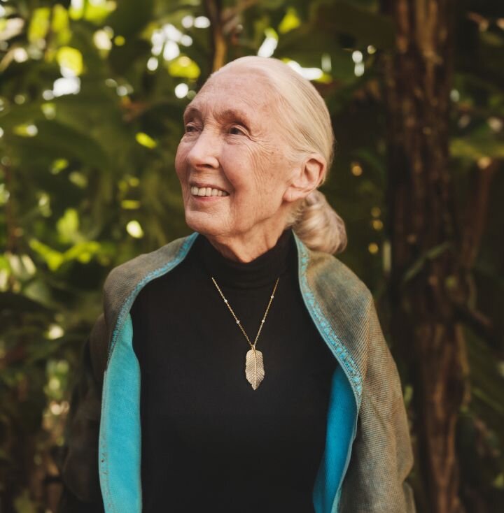 Jane Goodall wearing a Brilliant Earth pendant