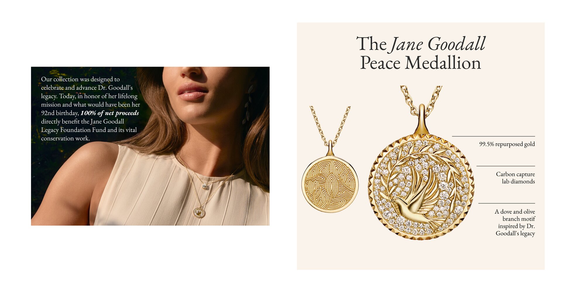 Model wearing the Jane Goodall Peace Medallion