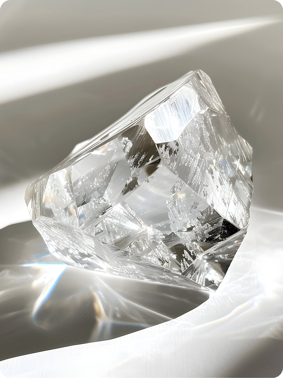 Multiple loose lab-grown diamonds displayed on a light purple or white surface