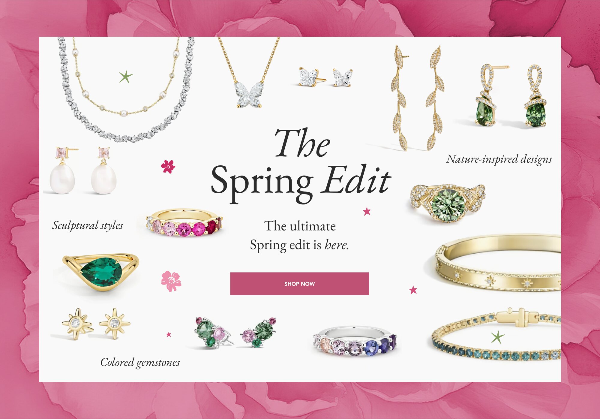 Assortment of trending fine jewelry pieces for Spring.