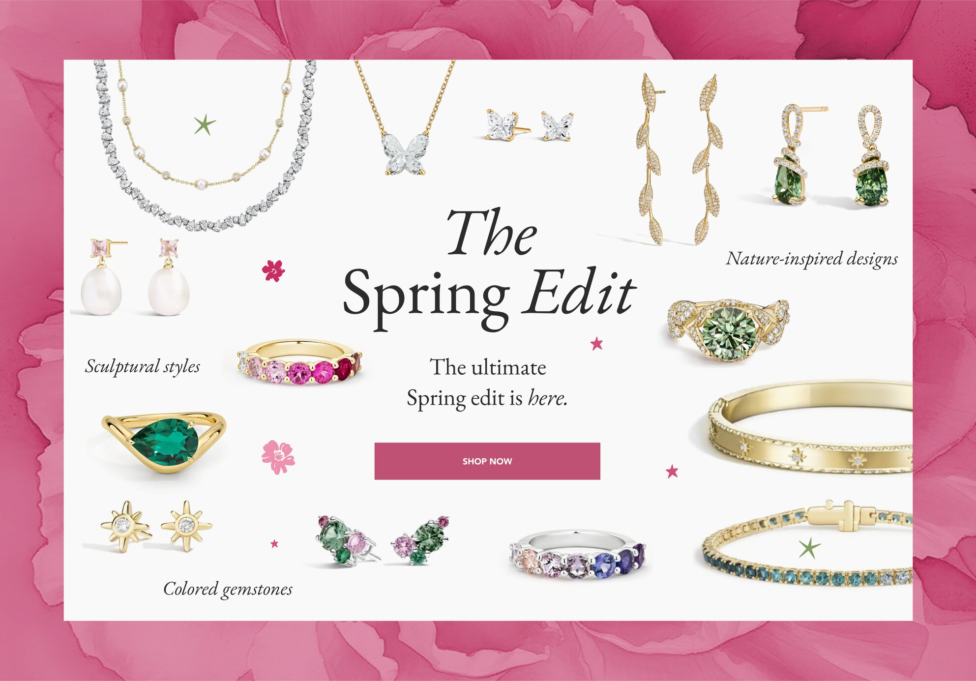 Assortment of trending fine jewelry pieces for Spring.