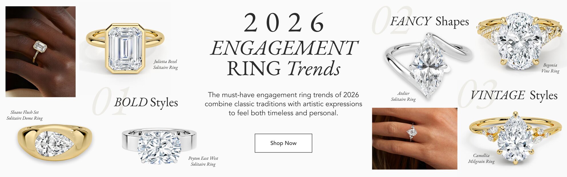 Collage of diamond engagement rings featuring some of the top trends for 2026