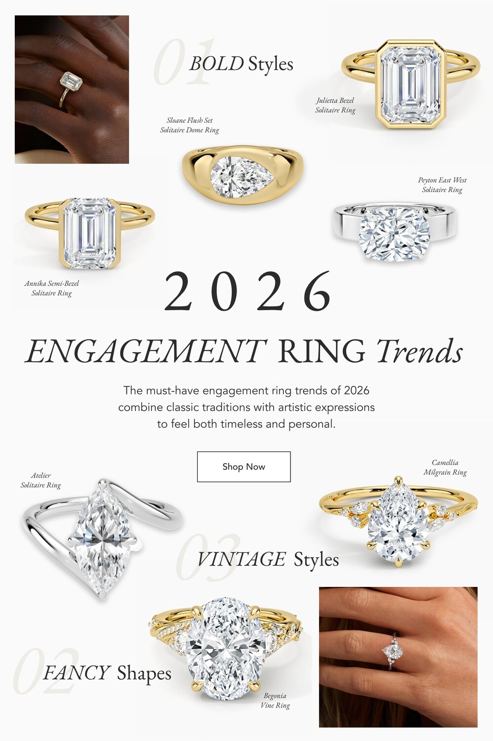 Collage of diamond engagement rings featuring some of the top trends for 2026