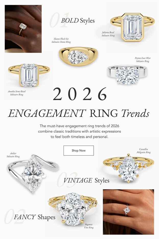 Collage of diamond engagement rings featuring some of the top trends for 2026