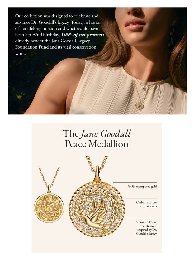 Model wearing the Jane Goodall Peace Medallion