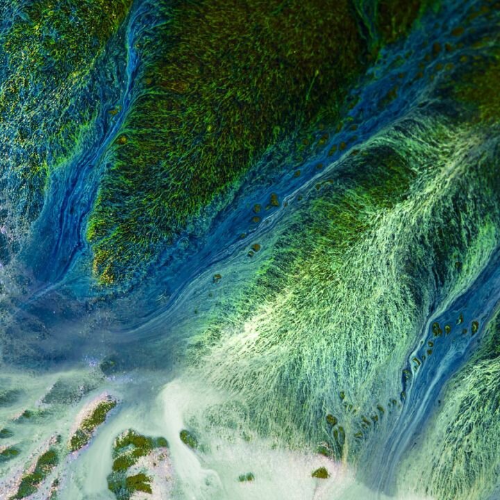Blue and green natural landscape patterns from above