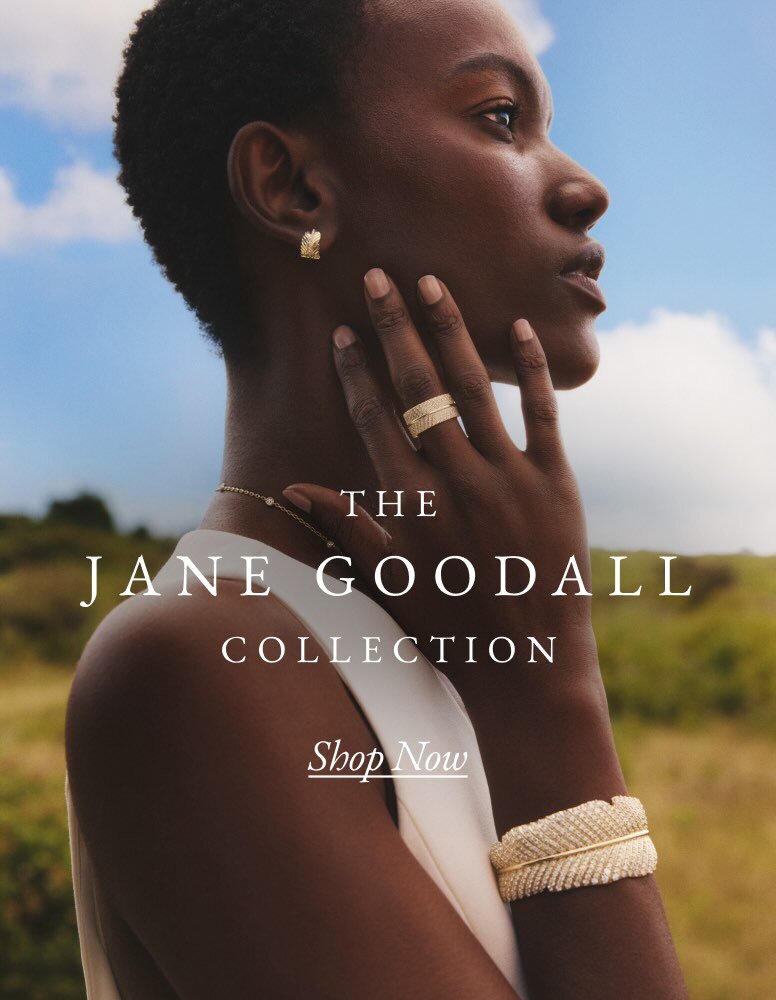 Model wearing gold diamond jewelry from the Jane Goodall collection.