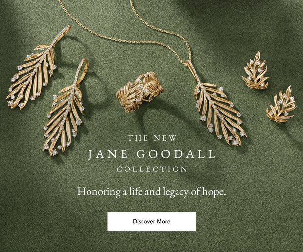 Gold leaf earrings, necklace, and ring from the Jane Goodall collection.